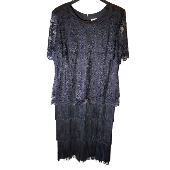 Vintage Serbin black sheer lace and fringe dress Size 18 - Picture 1 of 10